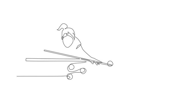 Animated self drawing of one continuous line draw young handsome man focus aiming before hit the pool billiard balls with stick. Tournament indoor sport game concept. Full length single line animation