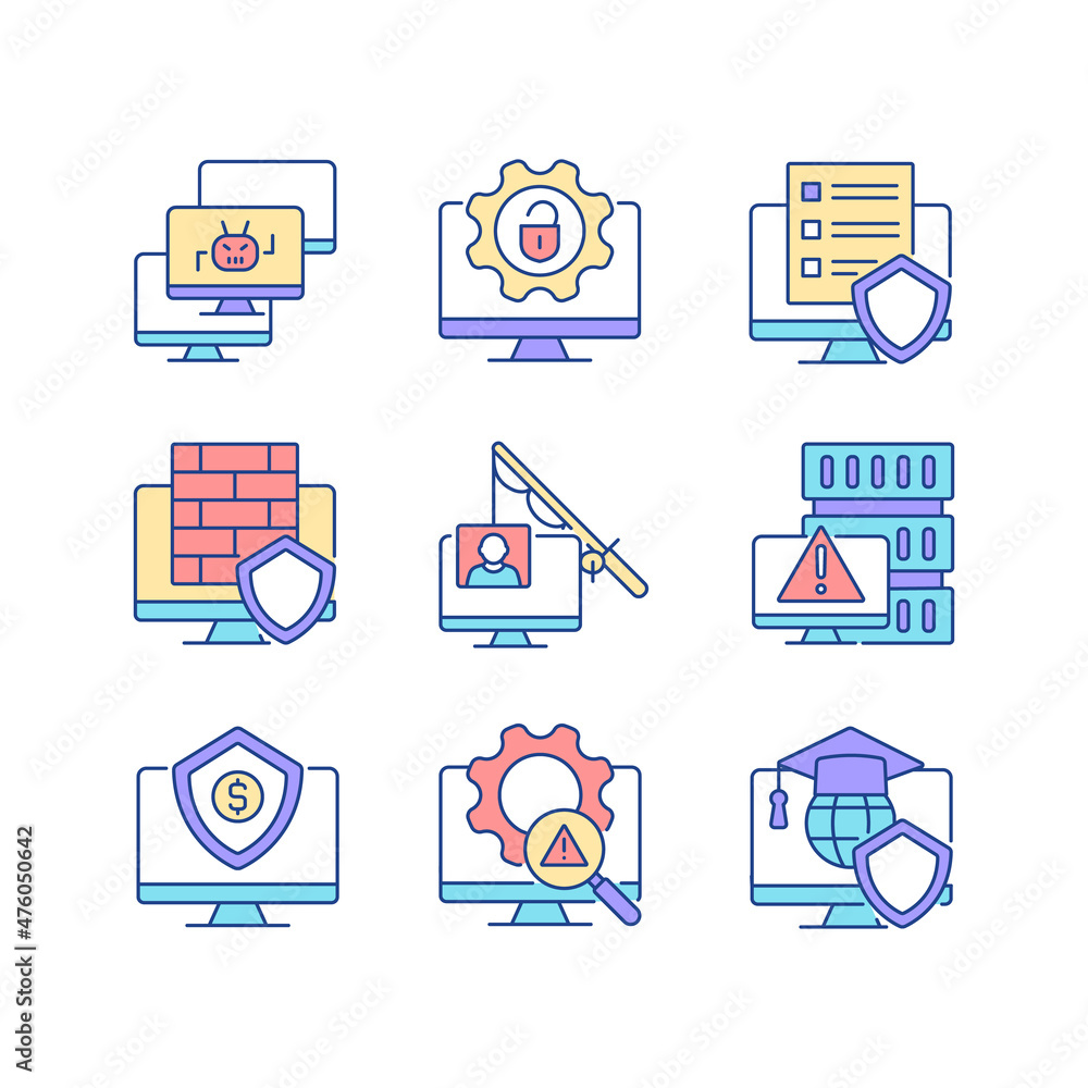 Poster cybercrime and its prevention rgb color icons set. phishing and dos attack. cybersecurity methods. i