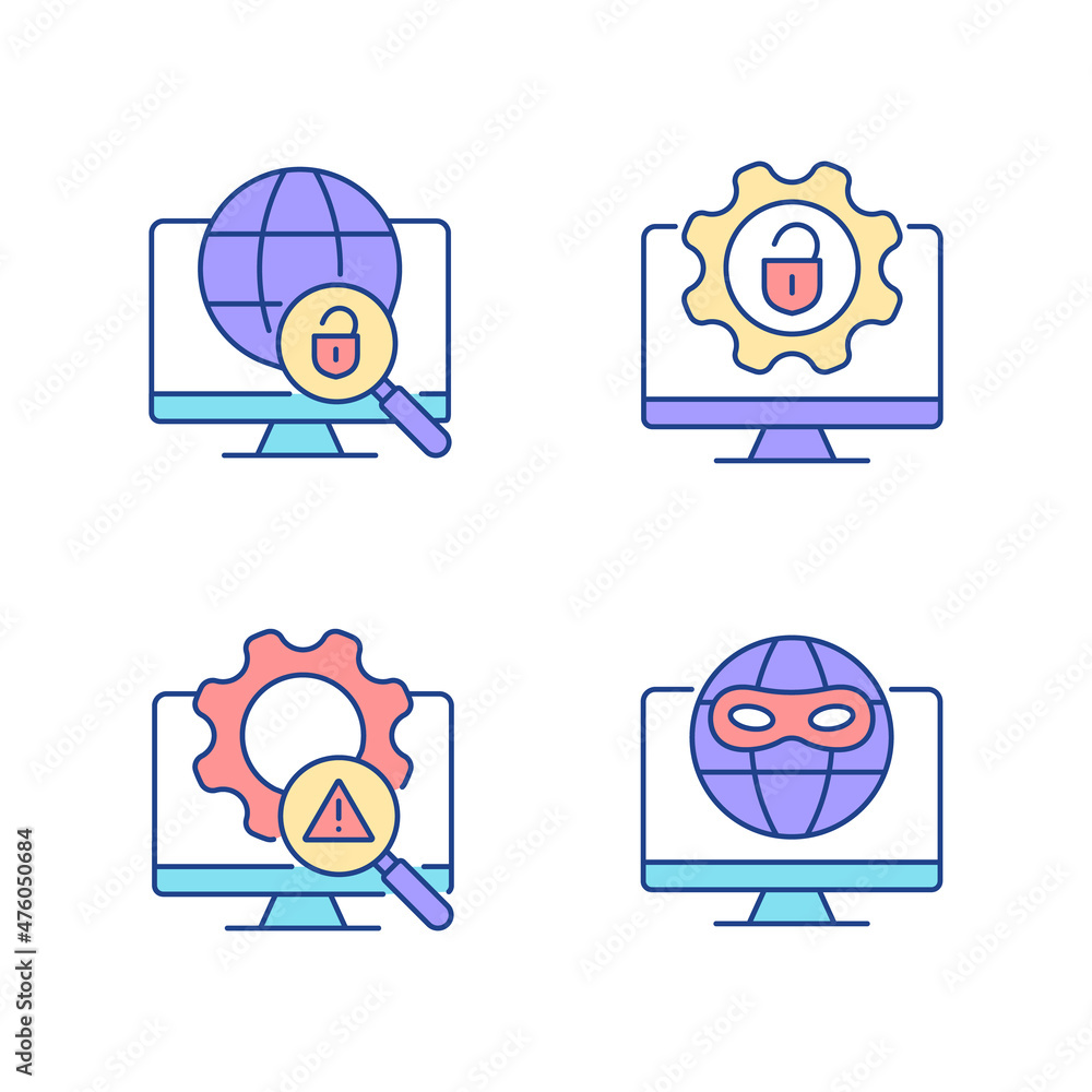 Poster illegal activities detection rgb color icons set. jailbreak and darknet. cyber security. malicious s