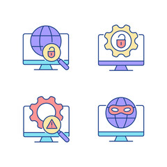Illegal activities detection RGB color icons set. Jailbreak and darknet. Cyber security. Malicious software. Isolated vector illustrations. Simple filled line drawings collection. Editable stroke