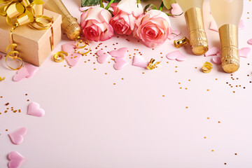 Pink roses flowers, champagne, gift, golden ribbons and confetti red hearts on pink background. Top...