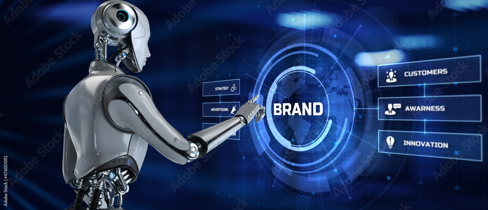 Poster brand concept. robot pressing button on screen 3d render.