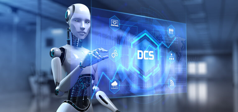 DCS Distributed control system technology. 3d render robot pressing virtual button.
