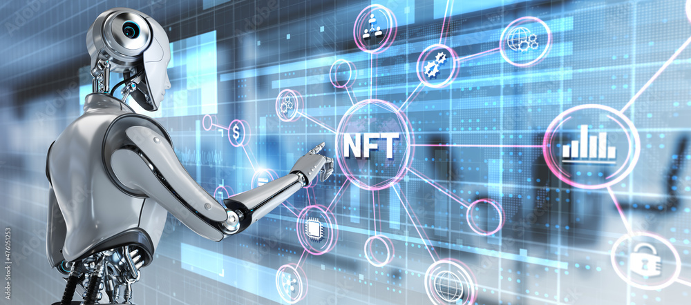 Poster nft non-fungible token crypto art cryptocurrency blockchain technology concept. 3d render robot pres