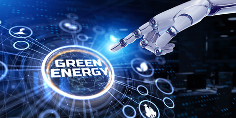 Green energy renewable eco friendly technology concept on virtual screen. 3d render robot pressing button.