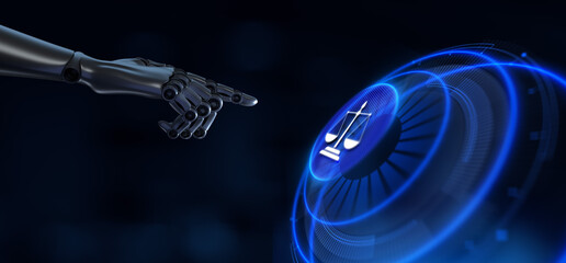 Labor law cyber compliance advocacy business concept. Robot hand Pressing button 3d render.