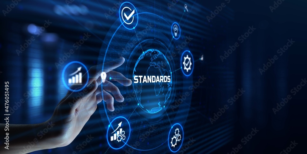 Poster standard standardization certification quality control assurance. hand pressing button on virtual sc