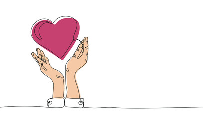 Continuous one line drawing of  hands holding heart.  Love and care symbol. Charity or solidarity concept. Vector illustration