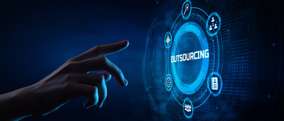 Outsourcing HR Global Recruitment Business finance concept. Hand pressing button on screen.