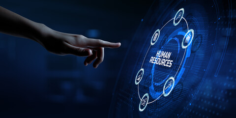 HR Human resources management Recruitment Headhunting. Hand pressing button on screen.