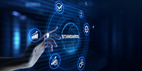 Standard standardization certification quality control assurance. Hand pressing button on virtual...