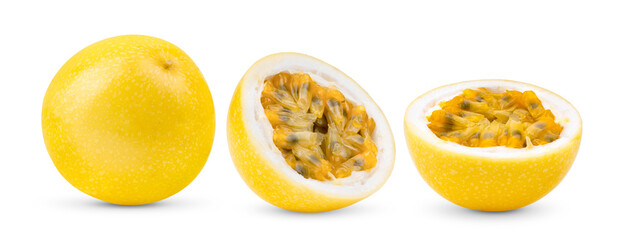 Yellow passion fruit isolated on white - obrazy, fototapety, plakaty