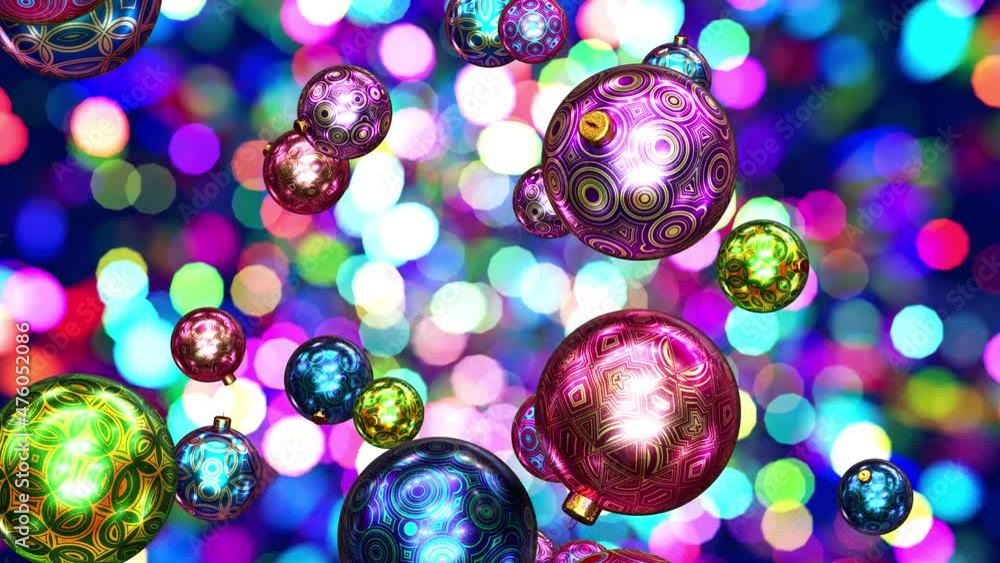 Poster realistic looping 3d animation of the colorful fancy christmas balls falling from the top against sh