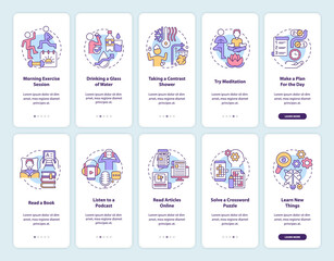 Morning routine onboarding mobile app screen set. Lifestyle walkthrough 5 steps graphic instructions pages with linear concepts. UI, UX, GUI template. Myriad Pro-Bold, Regular fonts used