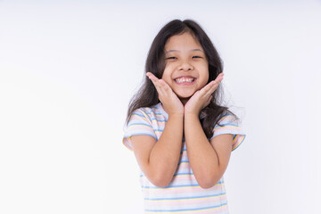 Cute Asian girl happily lovely attractive cheerful cheery very nice looking at the camera, taking a portrait isolated with copy space