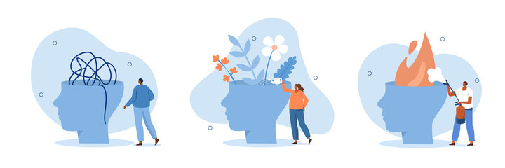 Mental health illustration set. Characters trying to solve mentality problems and fighting against emotional burnout. Psychotherapy concept. Vector illustration.
 - obrazy, fototapety, plakaty
