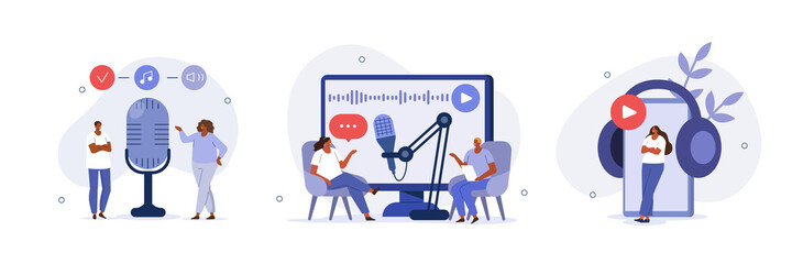 Podcast illustration set. Characters in radio studio speaking in microphone and recording audio podcast or live online interview. People listening audio on smartphone. Vector illustration. - obrazy, fototapety, plakaty