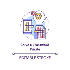 Solve crossword puzzle concept icon. Morning exercises for brain abstract idea thin line illustration. Isolated outline drawing. Editable stroke. Roboto-Medium, Myriad Pro-Bold fonts used