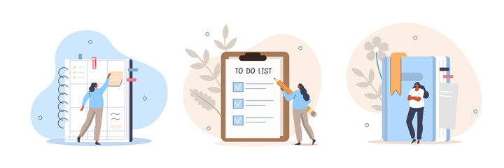 Planning schedule illustration set. Characters writing notes, putting stickers and filling to do list in daily planner or personal organizer. Reminder concept. Vector illustration.