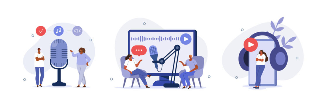 Podcast illustration set. Characters in radio studio speaking in microphone and recording audio podcast or live online interview. People listening audio on smartphone. Vector illustration.
