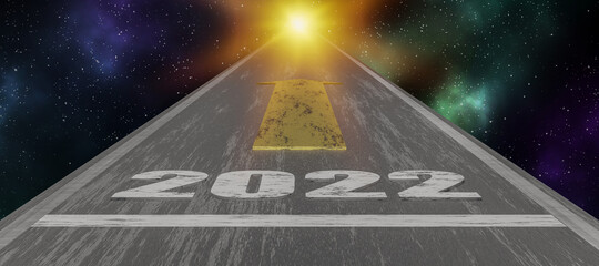 New year 2022 road trip travel and future vision concepts on a background with stars and galaxies, concept of challenge or career path and big change, successful start the new year 2022, 3d rendering