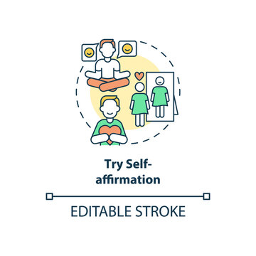 Try self-affirmation concept icon. Positive thinking for wellbeing abstract idea thin line illustration. Isolated outline drawing. Editable stroke. Roboto-Medium, Myriad Pro-Bold fonts used