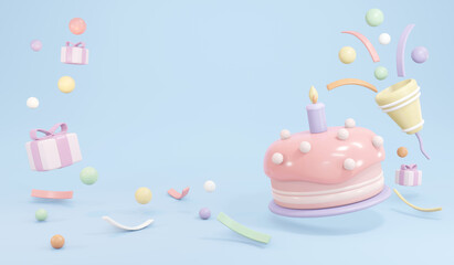 3D Rendering of birthday cake with candle and party popper popping confetti in pastel theme concept of birthday party background. 3D Render illustration. - obrazy, fototapety, plakaty