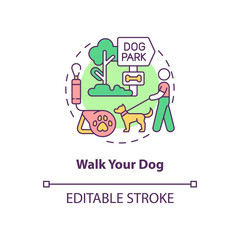 Fototapeta na wymiar Walk your dog concept icon. Taking care of pets. Morning routine abstract idea thin line illustration. Isolated outline drawing. Editable stroke. Roboto-Medium, Myriad Pro-Bold fonts used