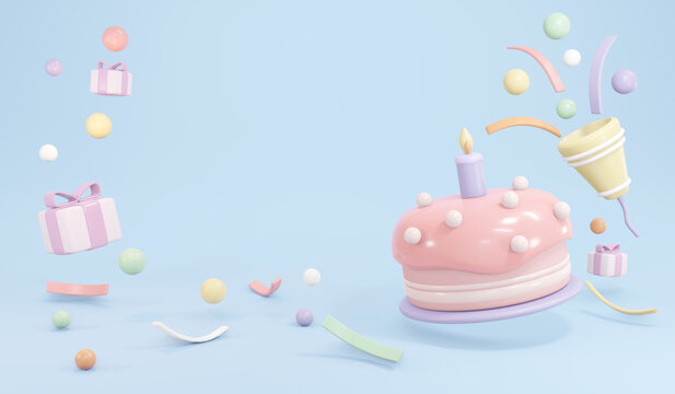 3D Rendering of birthday cake with candle and party popper popping confetti in pastel theme concept of birthday party background. 3D Render illustration.