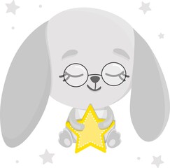Cute bunny with glasses holding a star in his hand. Baby animal vector illustration.