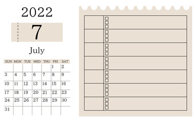 2022年7月カレンダーと表