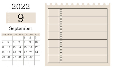 2022年9月カレンダーと表