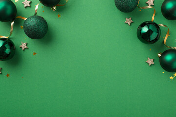 Top view photo of green christmas tree balls small shiny stars golden star shaped confetti...