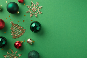 Top view photo of christmas decorations green red and silver balls golden snowflake pine ornaments...