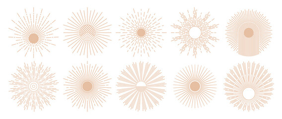 Minimalistic boho sun. Line art sunburst, radial rays in bohemian style and vintage suns vector illustration set - obrazy, fototapety, plakaty