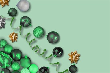 Christmas greeting card with elegant Xmas baubles and decorations.