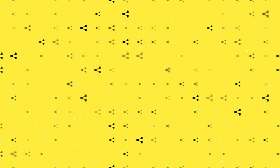 Seamless background pattern of evenly spaced black share symbols of different sizes and opacity. Vector illustration on yellow background with stars