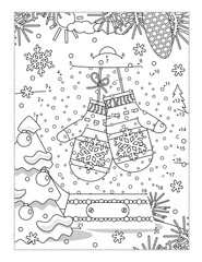 Full page snowglobe with mittens connect the dots puzzle and coloring page or activity sheet. Learning or reinforcing math basics of numbers and order.
