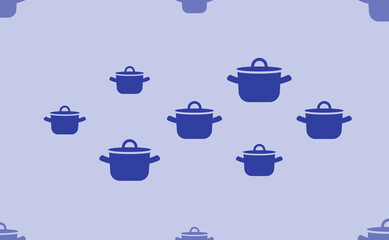 Seamless pattern of large isolated blue pot symbols. The pattern is divided by a line of elements of lighter tones. Vector illustration on light blue background