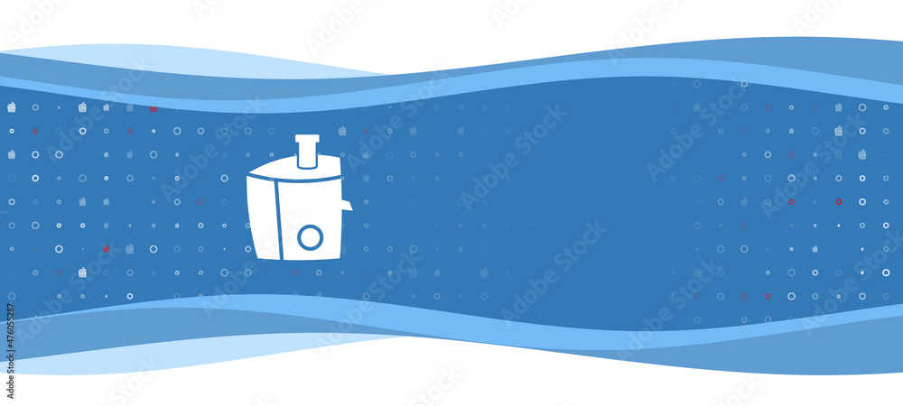 Poster blue wavy banner with a white juicer symbol on the left. on the background there are small white sha