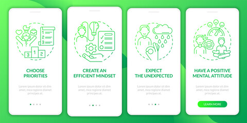 Fototapeta na wymiar Balanced life tips green gradient onboarding mobile app screen. Lifestyle walkthrough 4 steps graphic instructions pages with linear concepts. UI, UX, GUI template. Myriad Pro-Bold, Regular fonts used