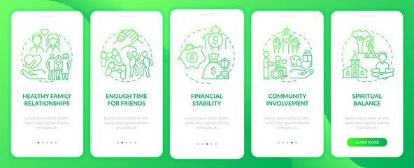 Signs of balanced life green gradient onboarding mobile app screen. Joy walkthrough 5 steps graphic instructions pages with linear concepts. UI, UX, GUI template. Myriad Pro-Bold, Regular fonts used