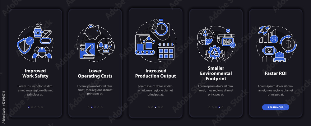 Poster benefits of automation night mode onboarding mobile app screen. walkthrough 5 steps graphic instruct