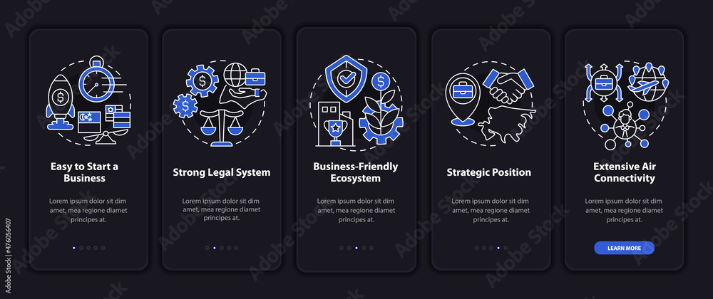 Poster setting up business in singapore night mode onboarding mobile app screen. walkthrough 5 steps graphi