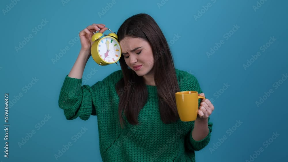 Poster sad lady awake drink coffee energetic happy isolated dark color background