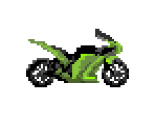 Illustration of green sport motorcycle in pixel art style