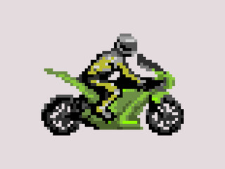 Illustration of a biker on a green sport motorcycle in pixel art style