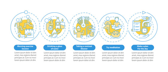 Obraz premium Morning routine circle infographic template. Everyday rituals. Data visualization with 5 steps. Process timeline info chart. Workflow layout with line icons. Lato-Bold, Regular fonts used