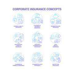Corporate insurance blue gradient concept icons set. Business coverage for expense idea thin line color illustrations. Isolated outline drawings. Roboto-Medium, Myriad Pro-Bold fonts used