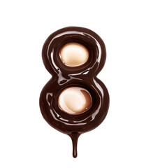 Number 8 with dripping drop is made of melted chocolate, isolated on white background